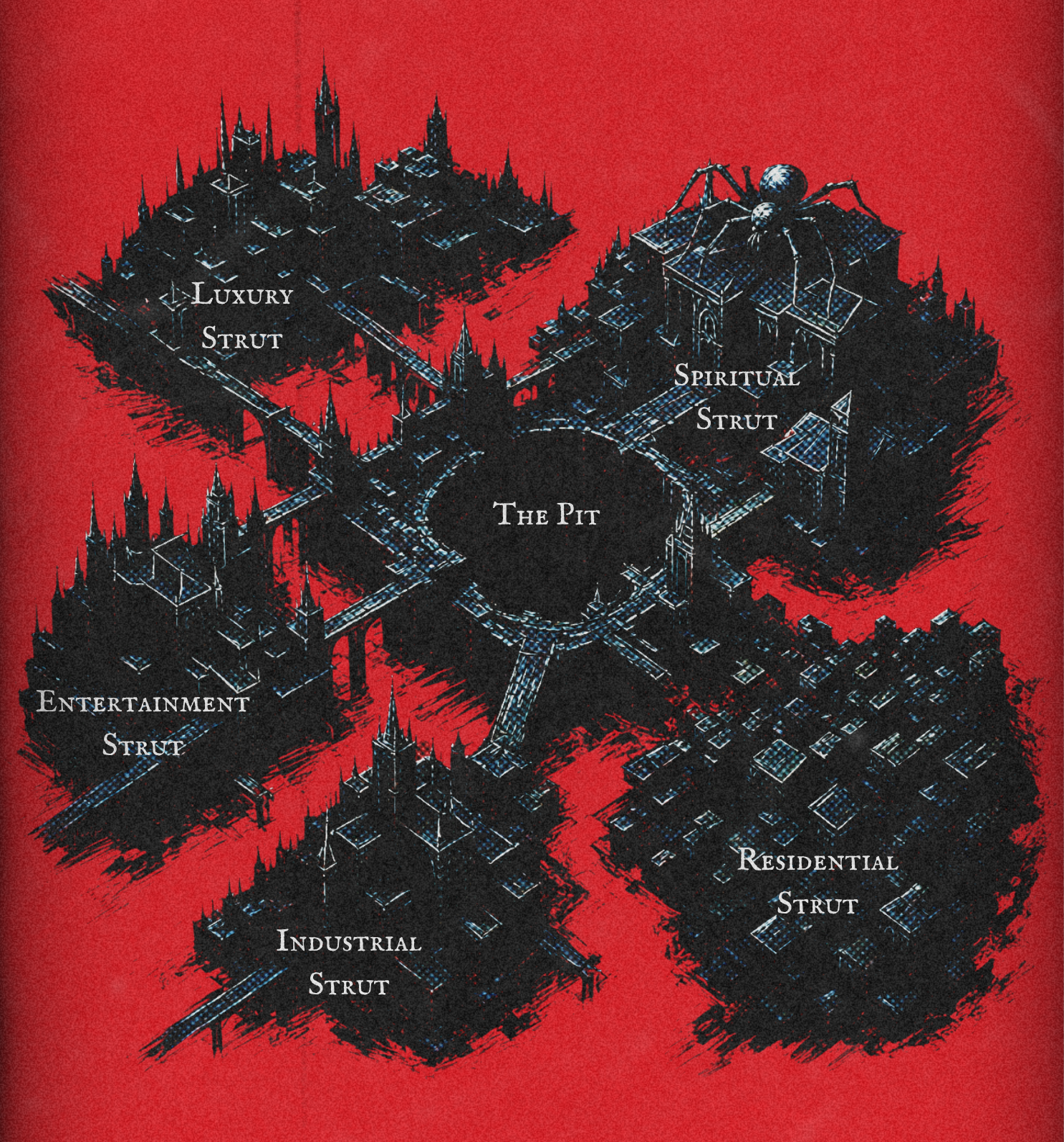 Map of Raptoraem: five straits arranged around the central Pit.